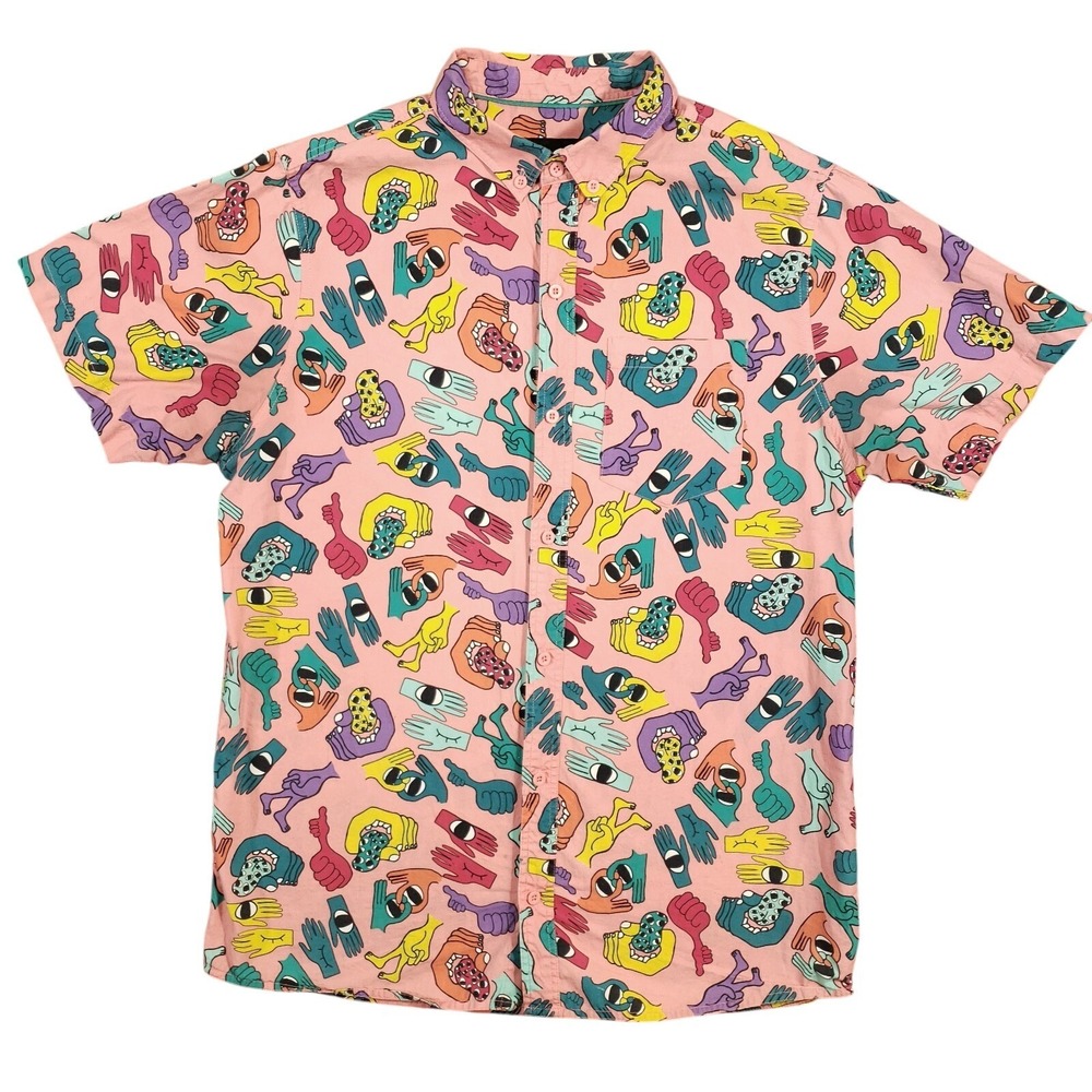 A-Lab Button Down‎ Shirt Mens Medium Pink Short Sleeve Hands Print ALAB Loud